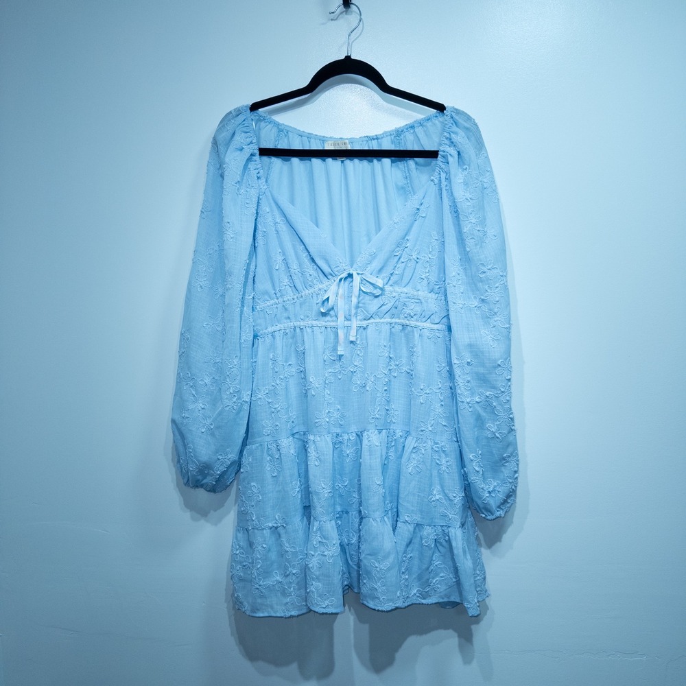 Thirty Thirty Light Blue Embroidered Flower Long Sleeve Mini Dress XL